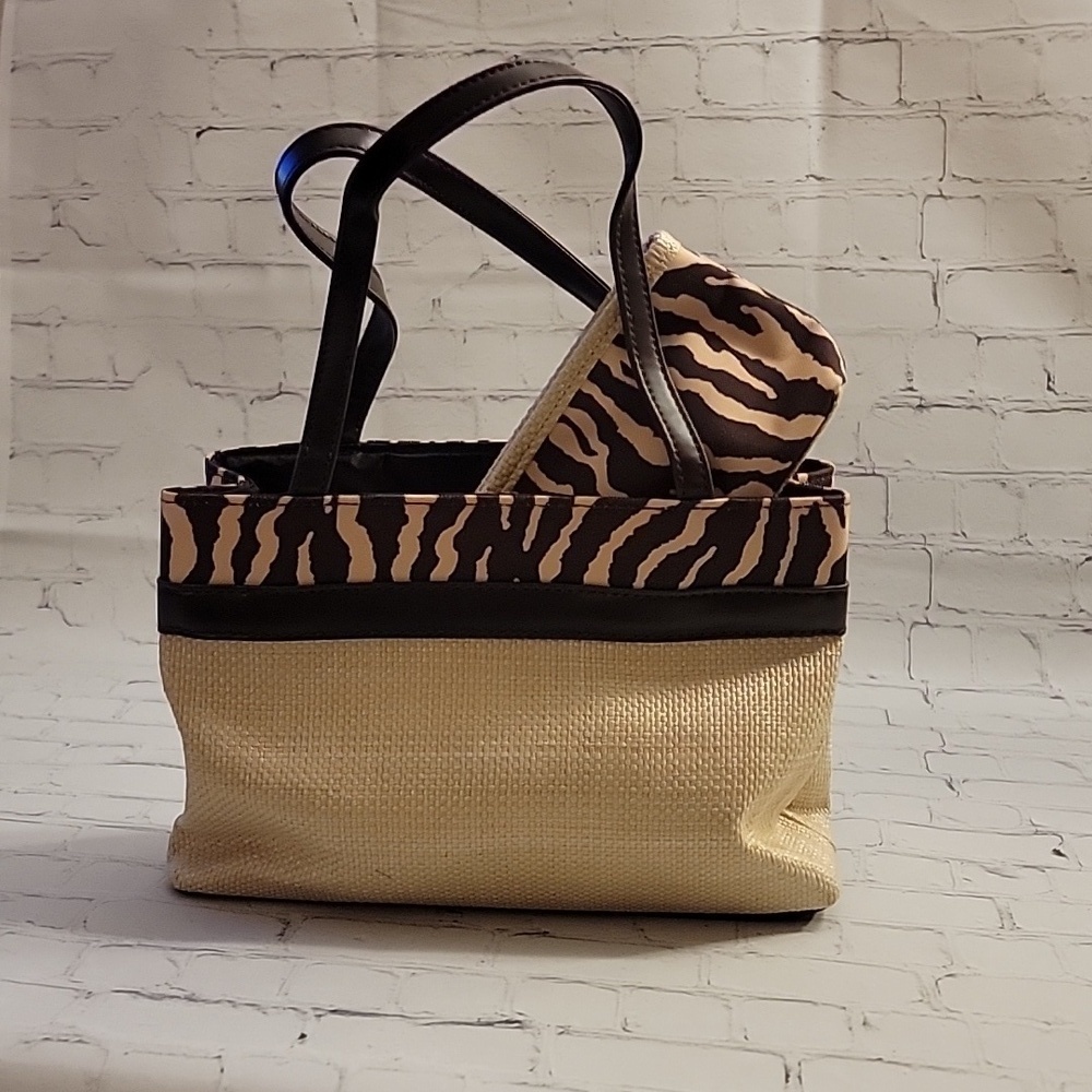 Estee Lauder Mini Tote with coin purse Tan Burlap and Brown and Tan Zebra Print - Picture 4 of 4